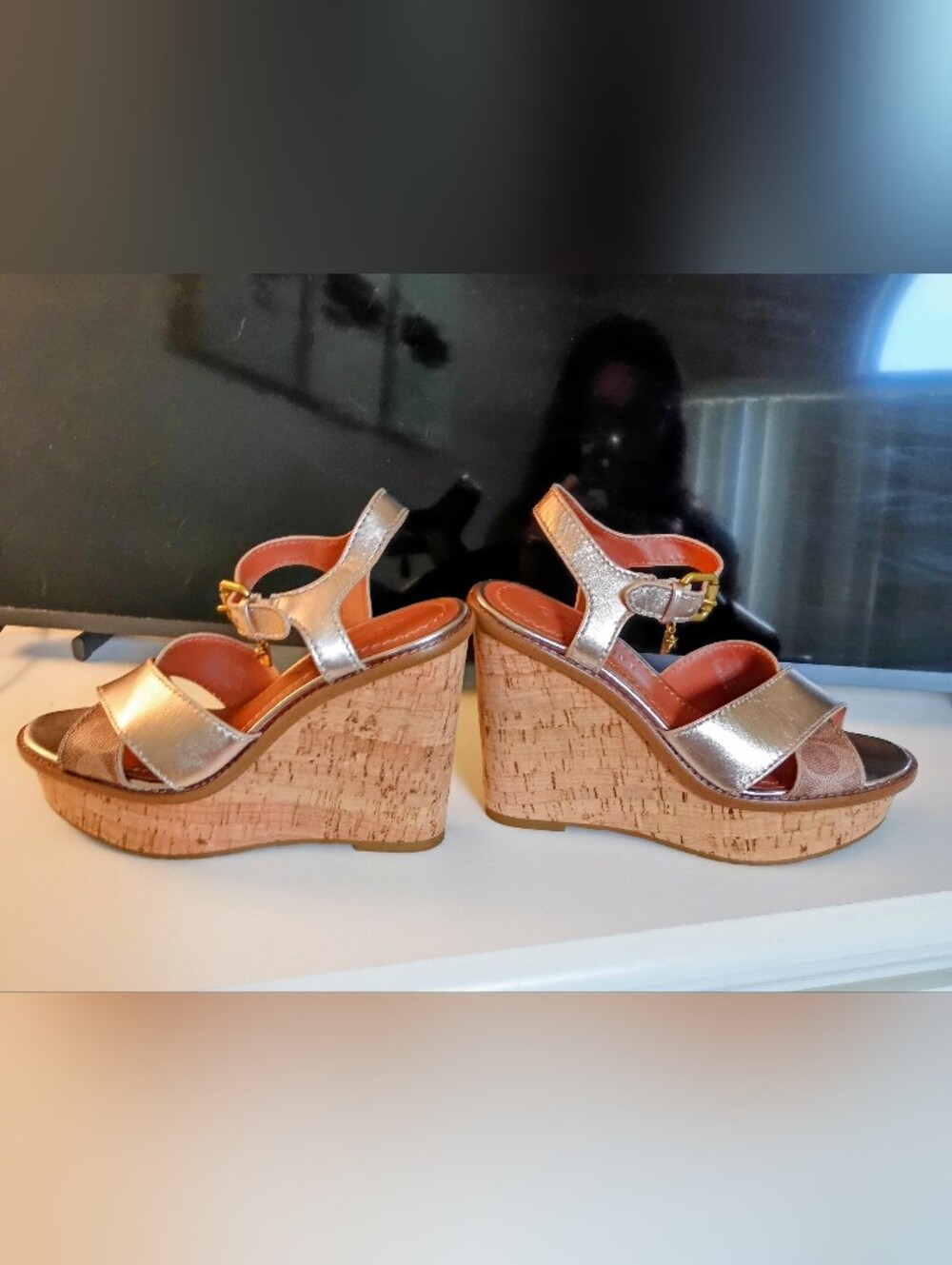 Coach Metallic Gold Cork Wedge Sandals - Women - Picture 6 of 7